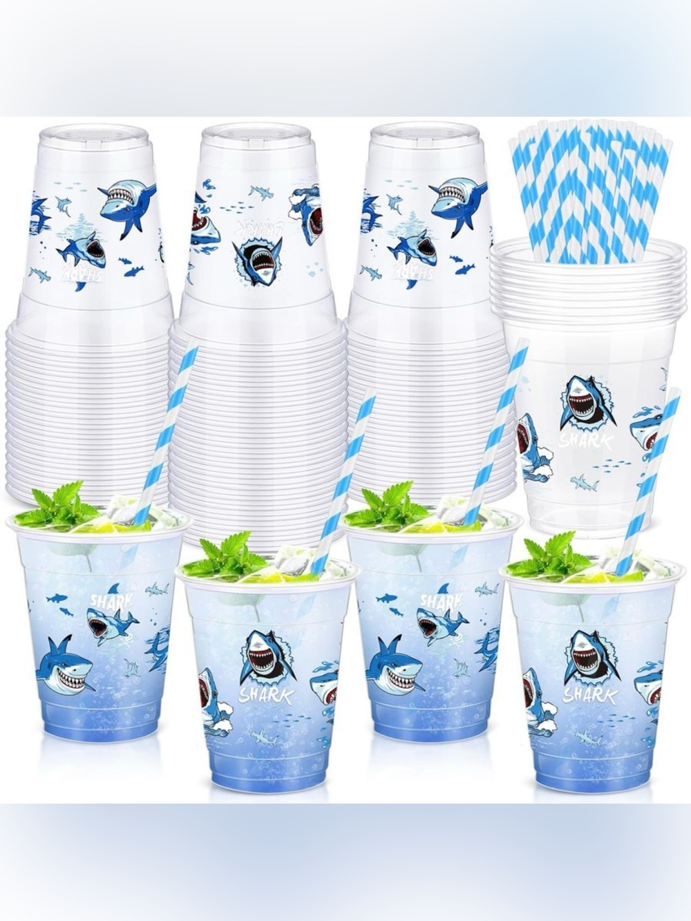 Sliner 50 Pcs Shark Party Plastic Cups with Straws